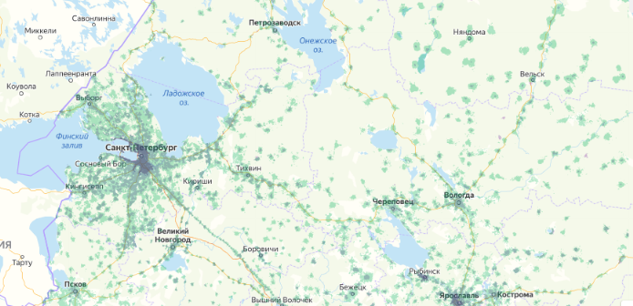Зона покрытия МТС на карте Тверь 